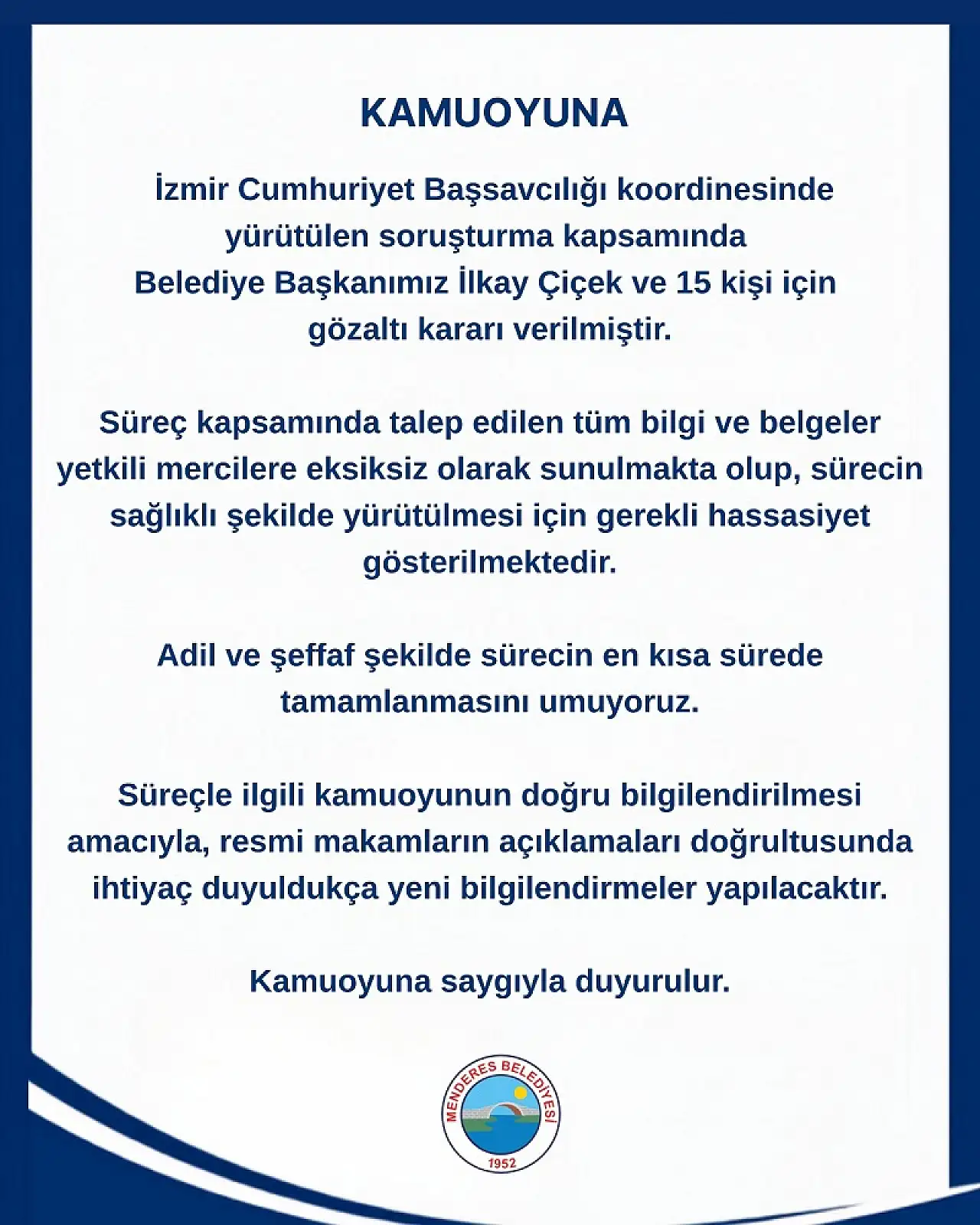 Menderes Belediyesi'nden İlkay Çiçek açıklaması