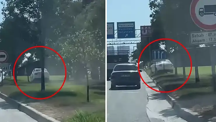 Yoğun trafiği atlatmak için çim alandan ilerledi